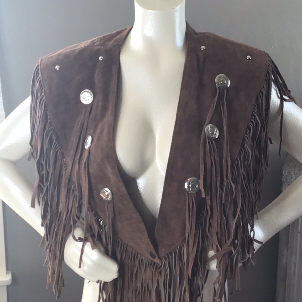 Soft Brown Suede Leather Collar w/ Fringe Silver Tone Buttons Chasser